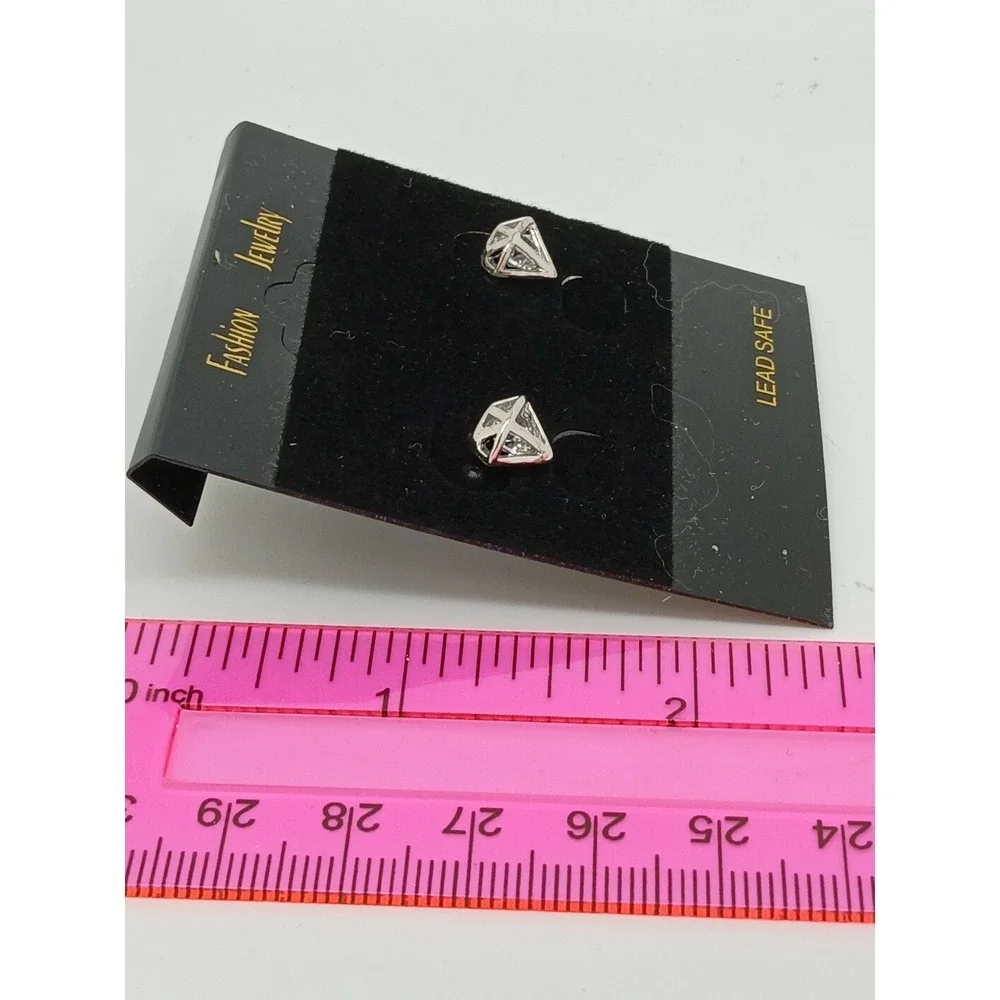 Vintage‎ 90s Silver Tone Geometric Diamond Cage Stud Earrings Clear Stone New